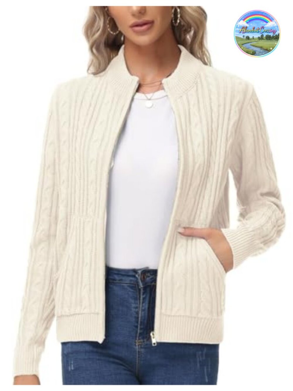 Women's Cable Knit Zip-Up Cardigan with Pockets, Chenille Soft Long Sleeve